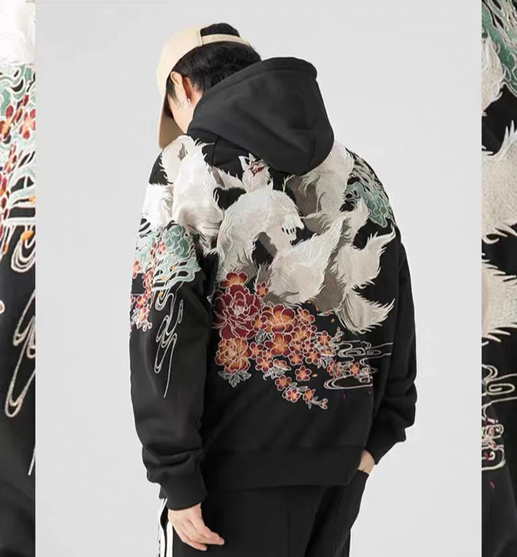 Hand Embroidered Fully Cotton Japanese Wolf Style Hoodie